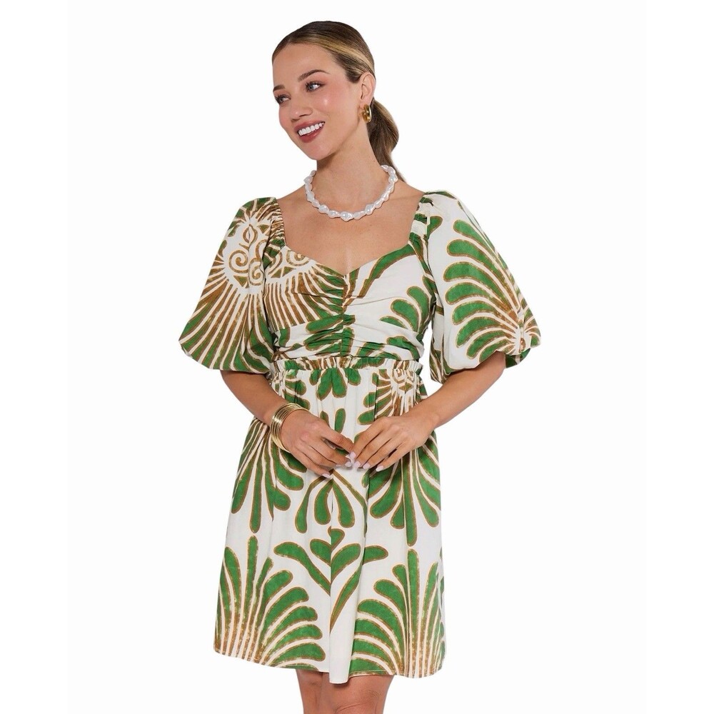 Avara Puff Sleeve Palm Leaf Cotton Dress Size L Resort Vacation Ivory Green NWT